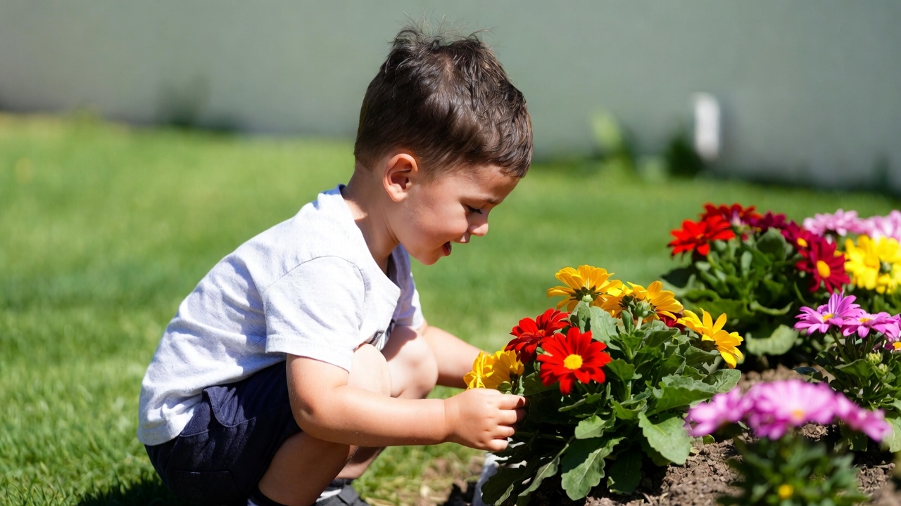 Boy picking colorful flowers in garden Boy picking colorful flowers in garden