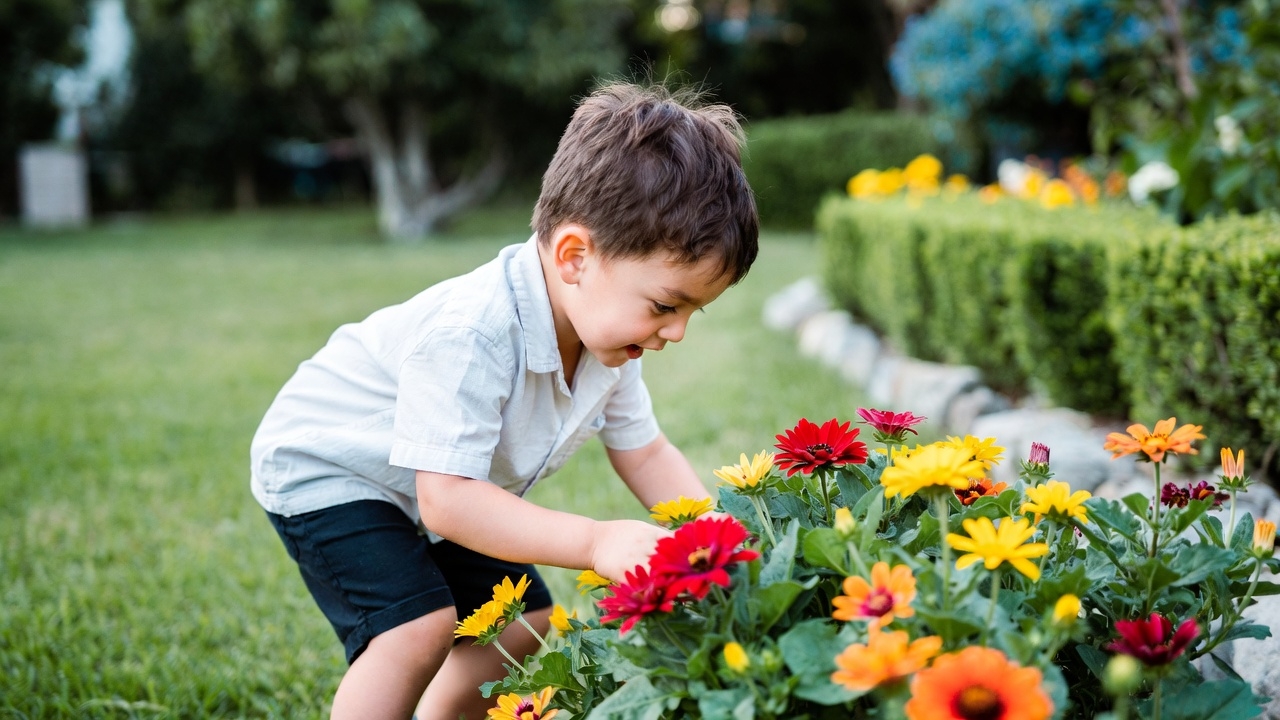 Boy smelling colorful flowers in garden Boy smelling colorful flowers in garden