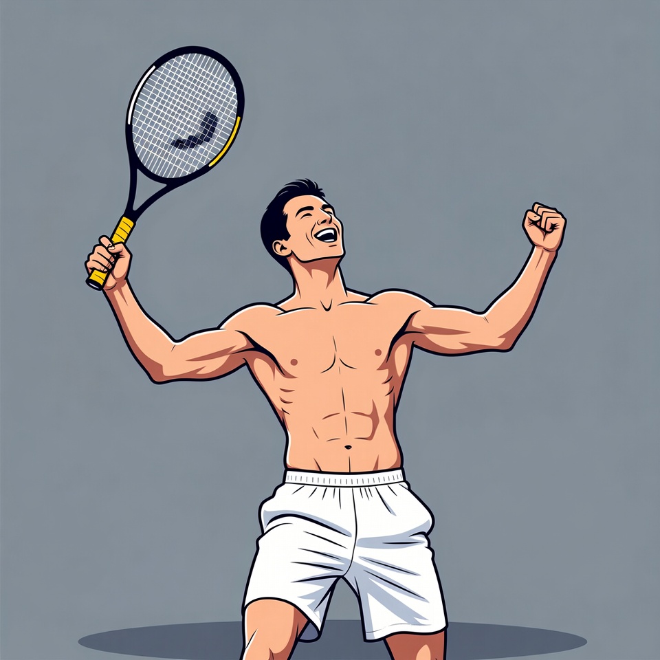Muscular Asian man celebrating tennis victory Muscular Asian man celebrating tennis victory