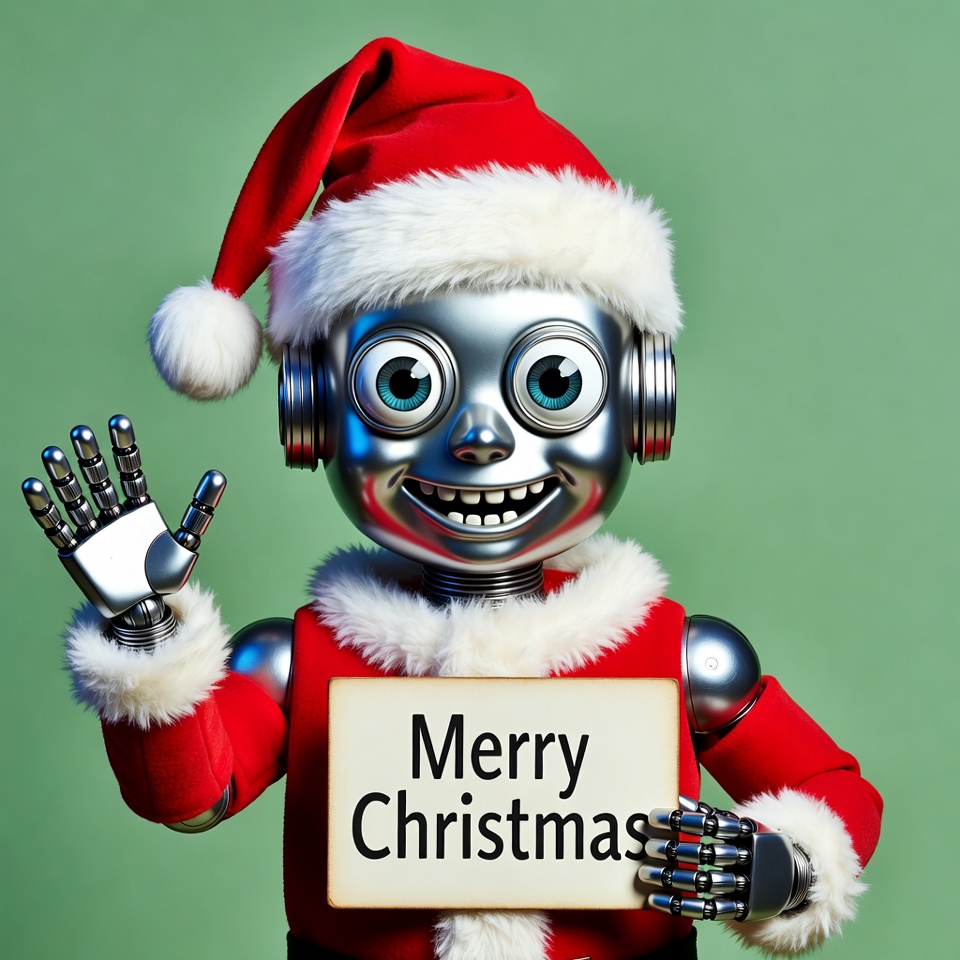 Robot Santa holding Merry Christmas sign Robot Santa holding Merry Christmas sign