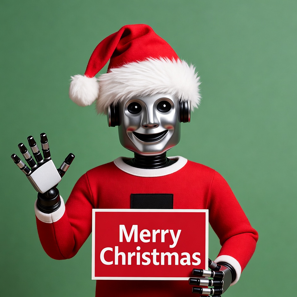 Robot Santa waving Merry Christmas sign Robot Santa waving Merry Christmas sign