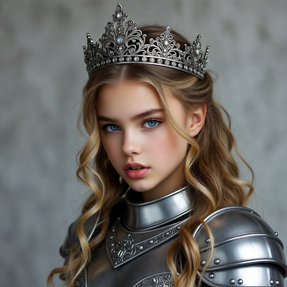 Young girl wearing silver crown and armor Young girl wearing silver crown and armor