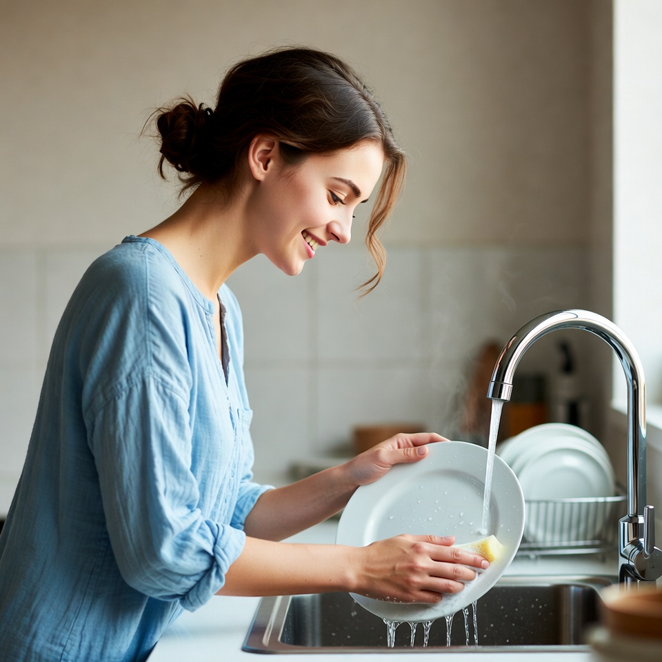 Woman washing dishes in kitchen Woman washing dishes in kitchen