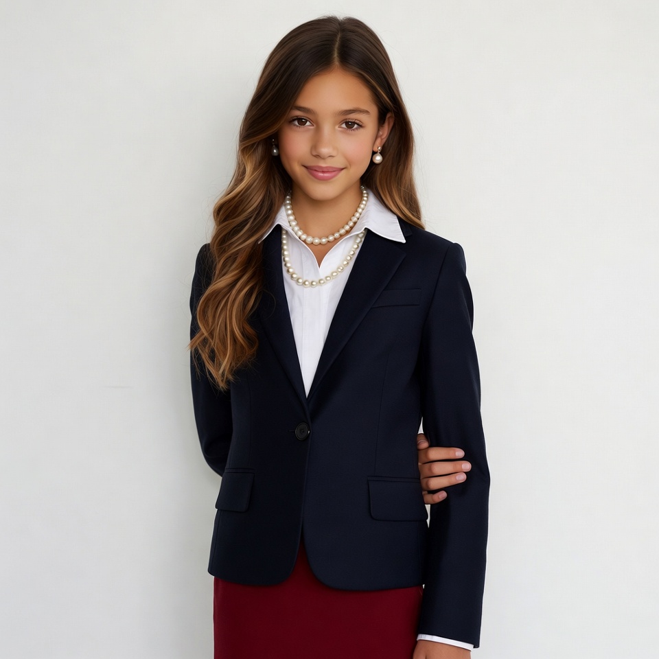 Young girl in navy blazer and pearls Young girl in navy blazer and pearls