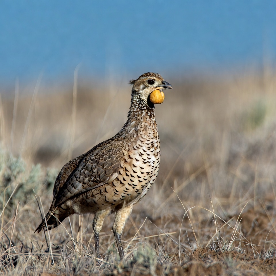 Greater Prairie Chicken holding egg Greater Prairie Chicken holding egg