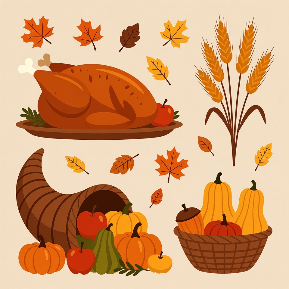 Thanksgiving Cornucopia with Turkey and Pumpkins Thanksgiving Cornucopia with Turkey and Pumpkins
