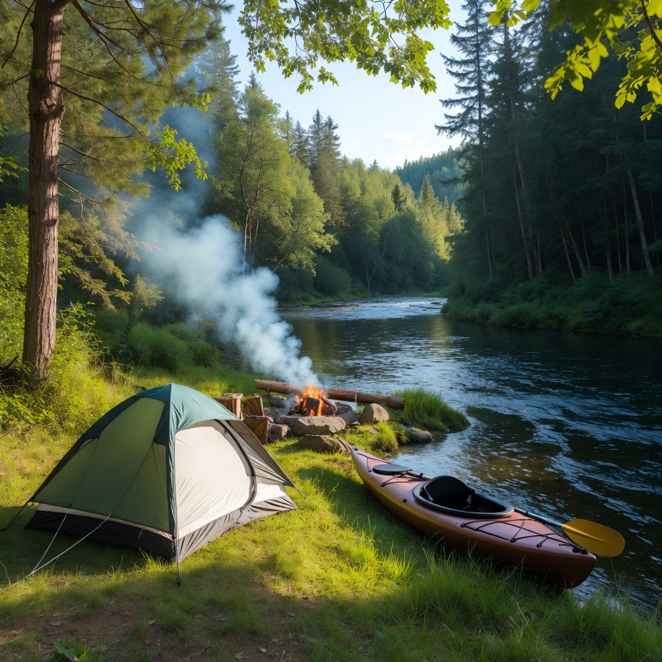 Tent Campfire Kayak Riverside Forest Tent Campfire Kayak Riverside Forest