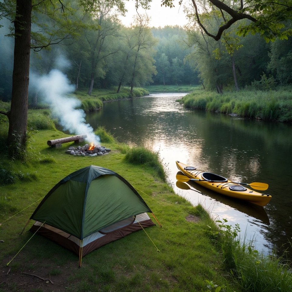 Green tent and yellow kayak by riverside campfire Green tent and yellow kayak by riverside campfire