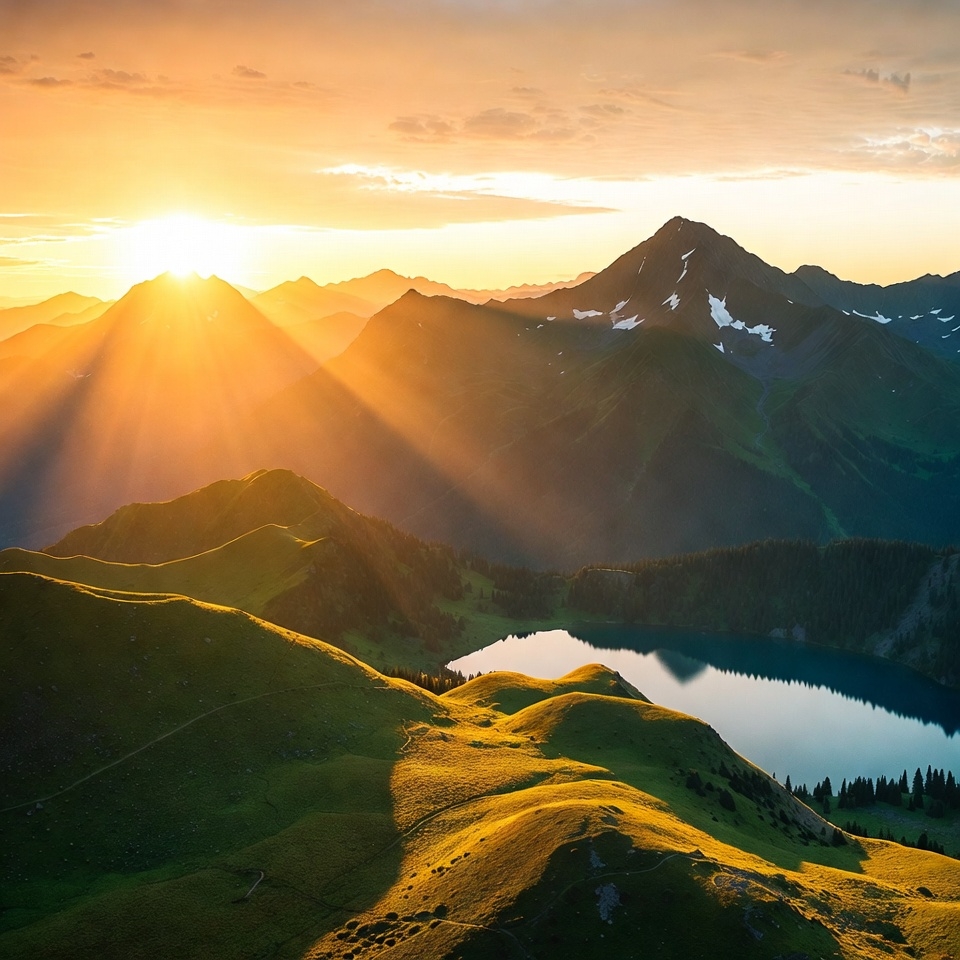 Sunset over alpine mountains and lake Sunset over alpine mountains and lake