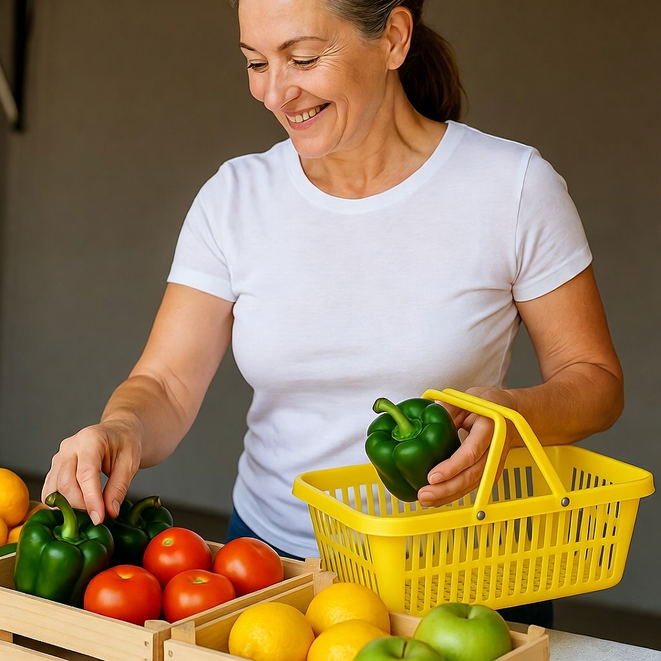 Smiling woman holding peppers at market Smiling woman holding peppers at market