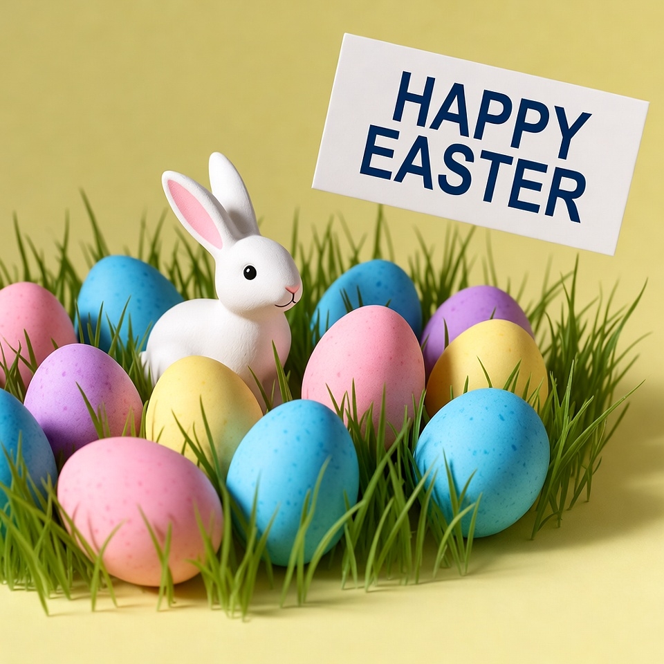 White bunny with Happy Easter sign White bunny with Happy Easter sign