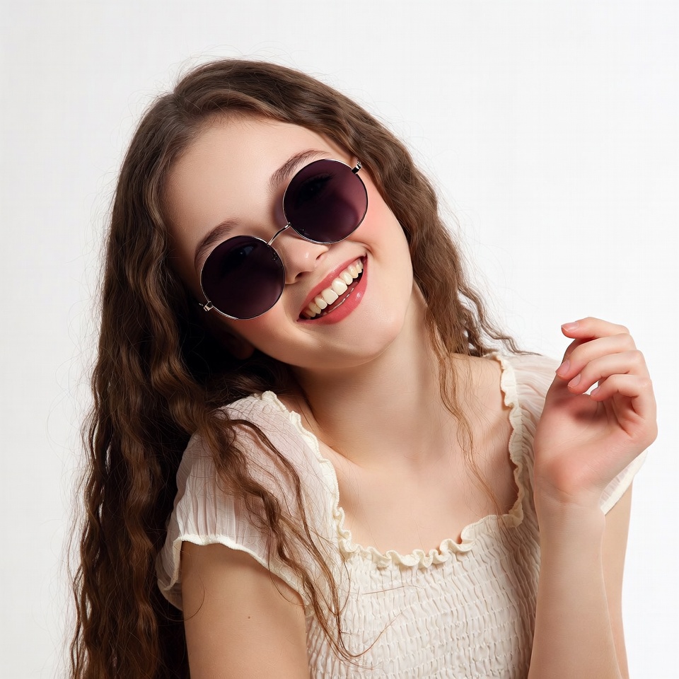 Smiling girl with round sunglasses Smiling girl with round sunglasses