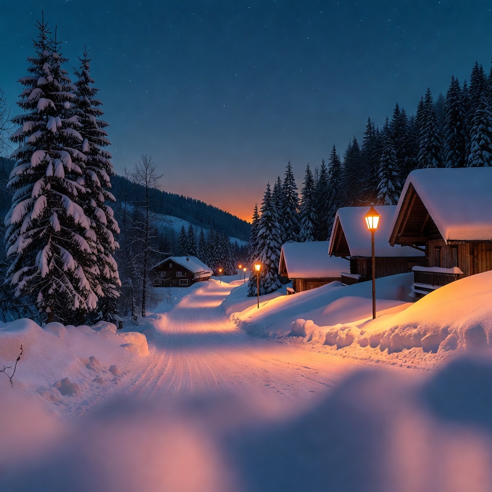 Snowy Alpine Chalets at Night Snowy Alpine Chalets at Night