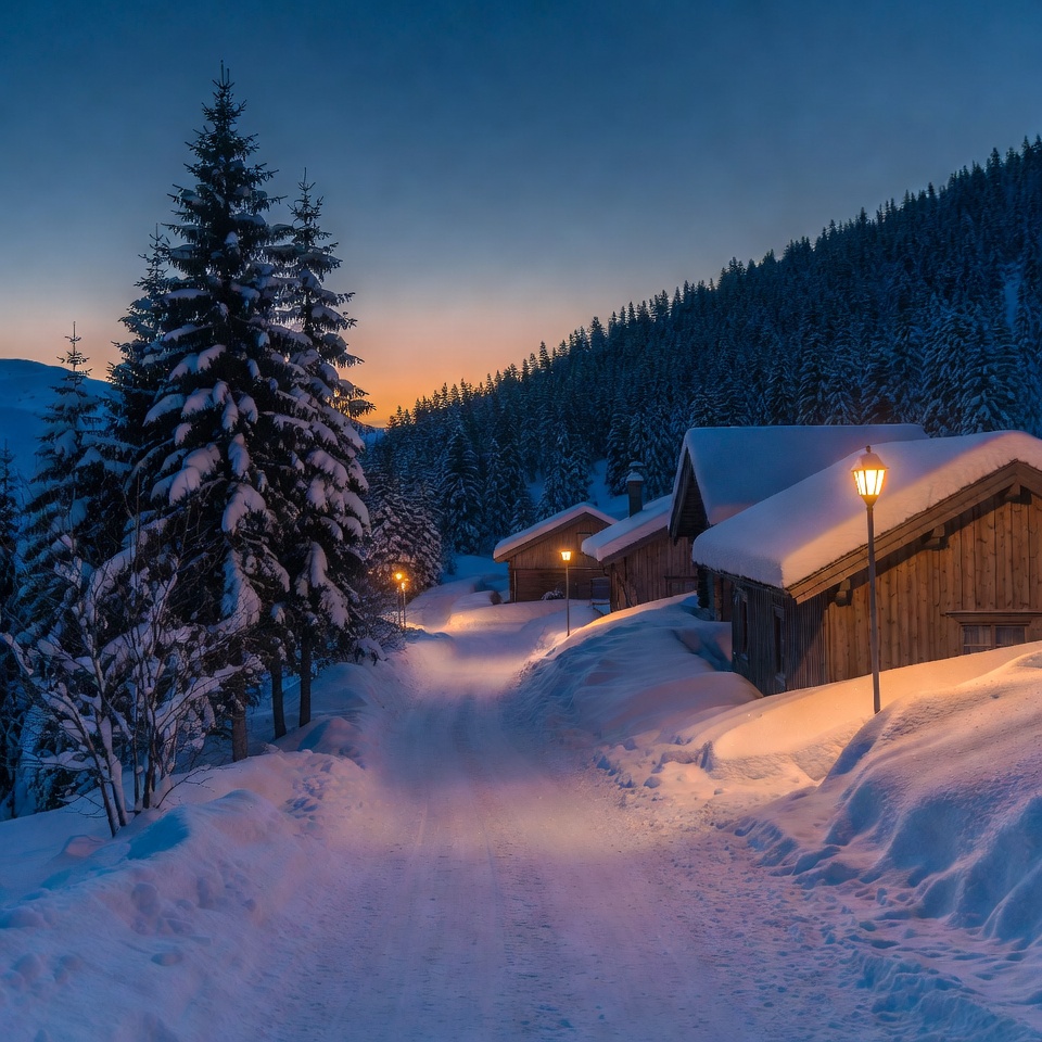 Snowy Chalet Village at Dusk Snowy Chalet Village at Dusk
