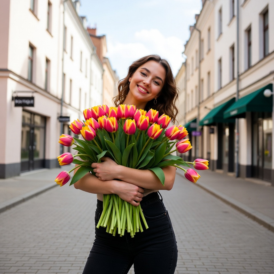 Woman holding tulips on street Woman holding tulips on street