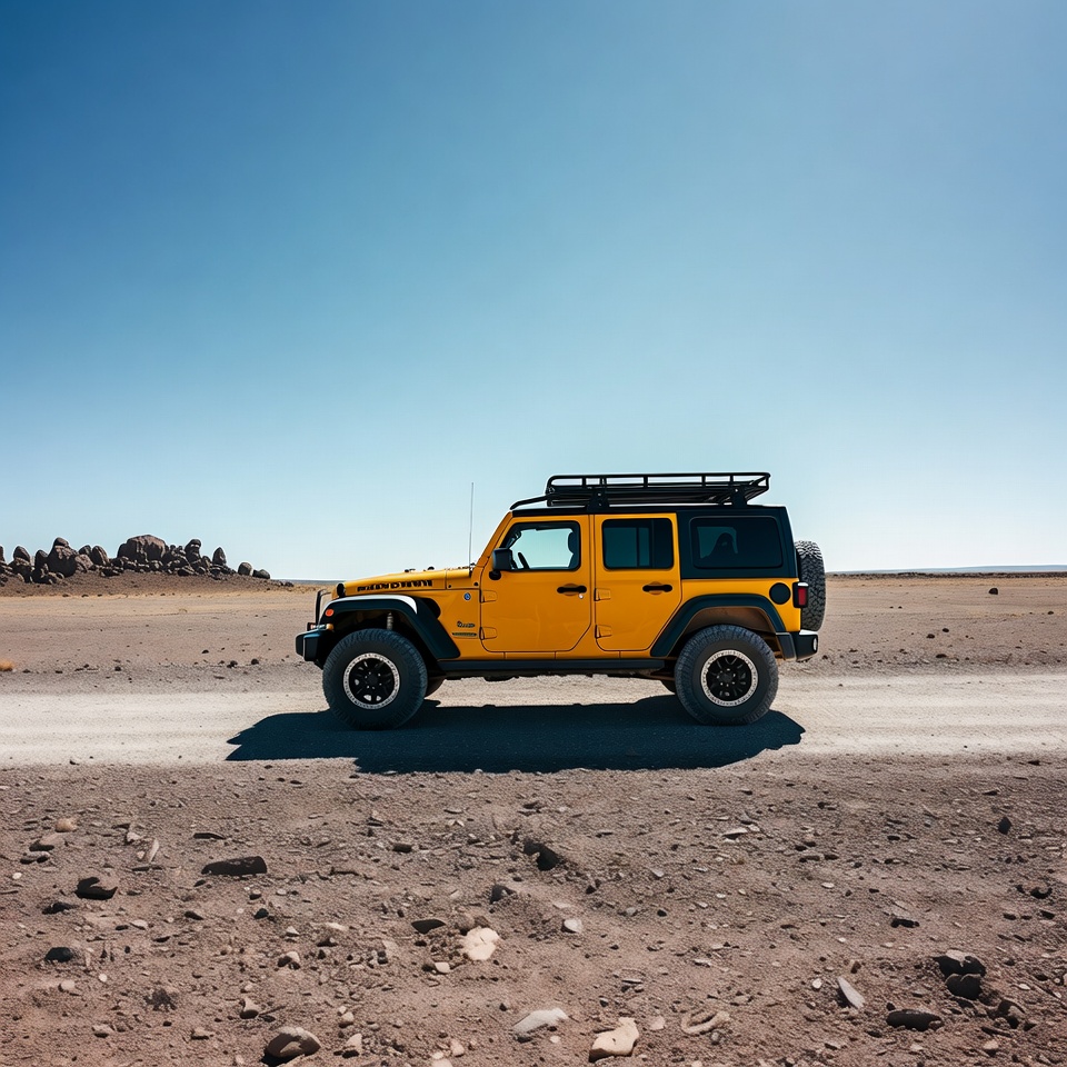 Yellow Jeep Wrangler on desert road Yellow Jeep Wrangler on desert road