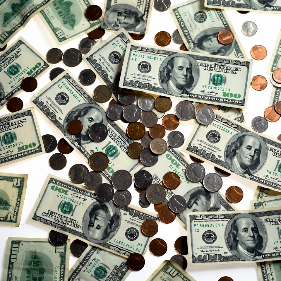 Pile of US Dollars and Coins Pile of US Dollars and Coins