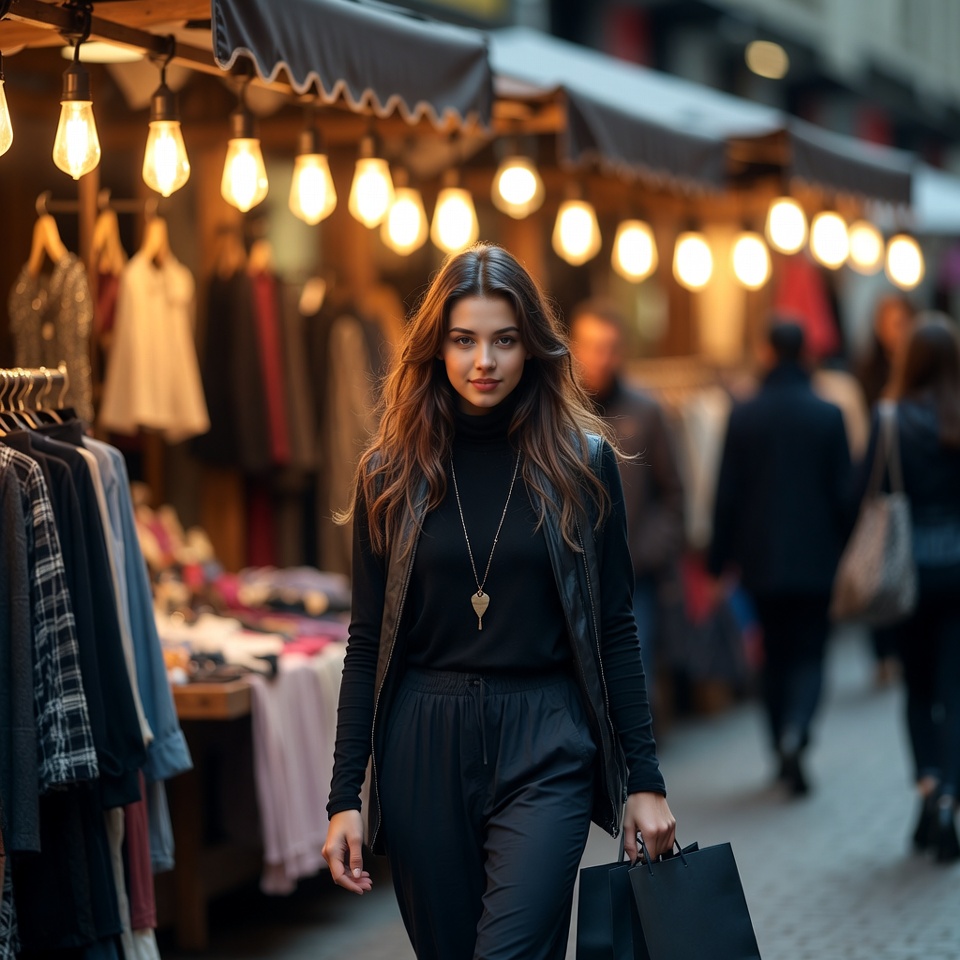 Woman shopping at night market stall Woman shopping at night market stall