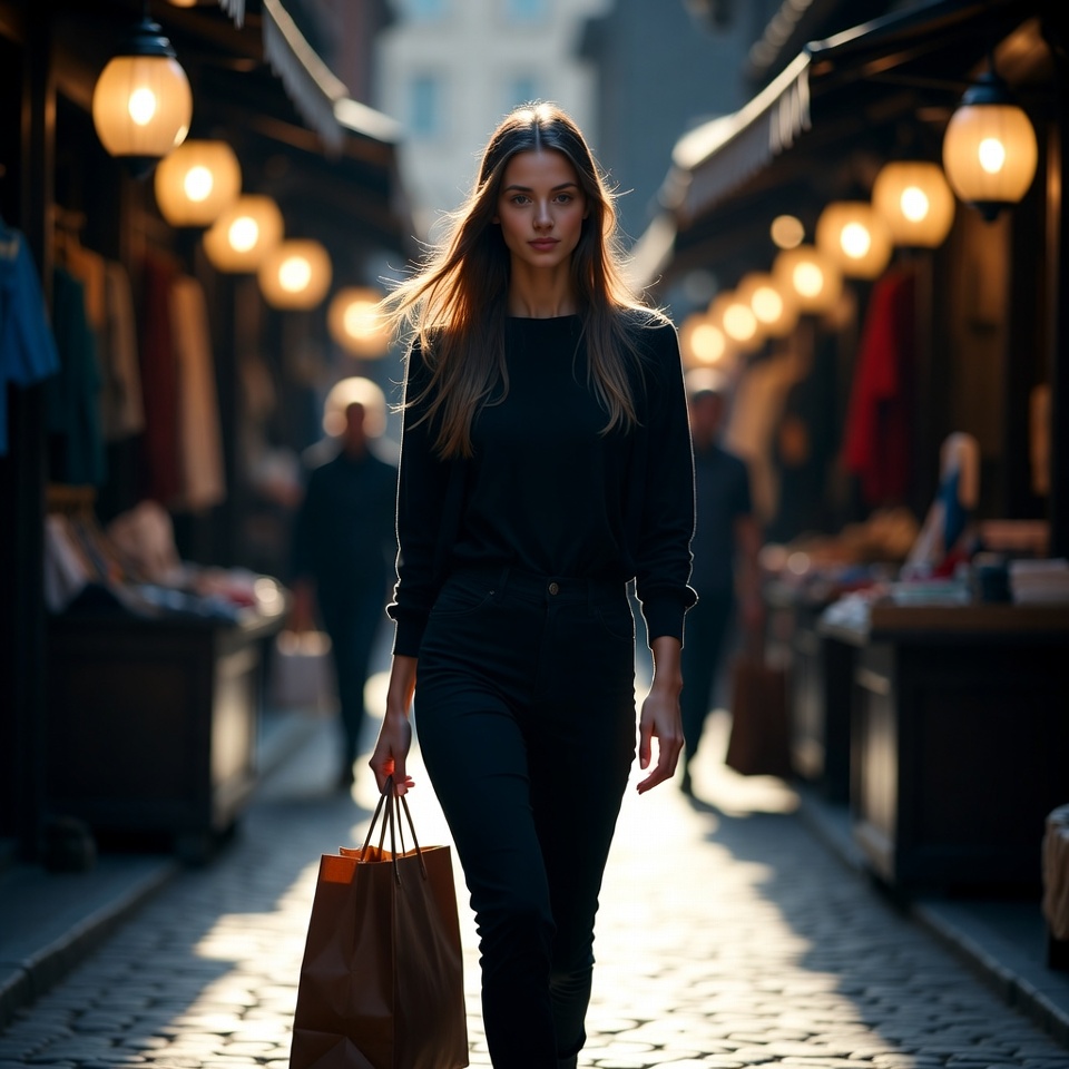 Woman walking in night market with shopping bag Woman walking in night market with shopping bag