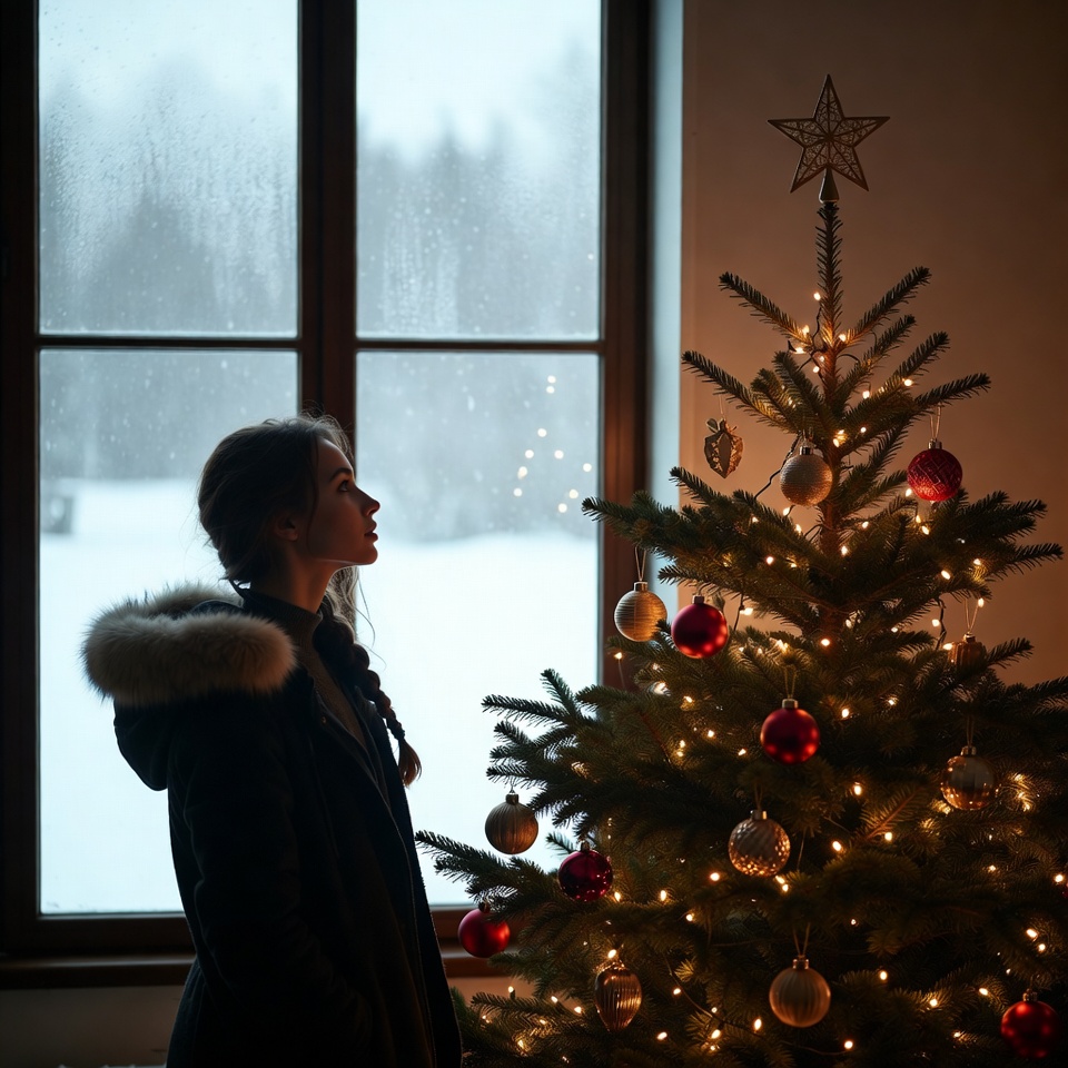 Woman gazing out window at snowy Christmas tree Woman gazing out window at snowy Christmas tree