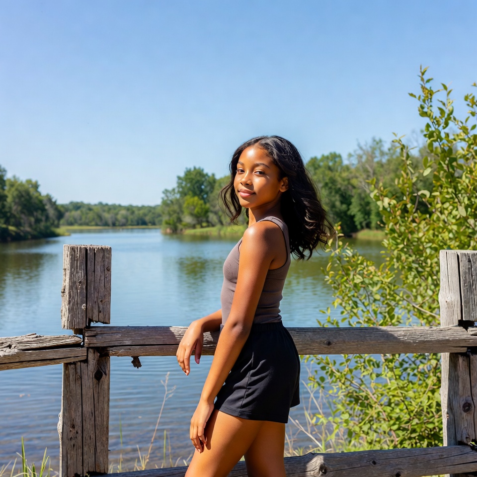 African-American girl leaning on fence by lake African-American girl leaning on fence by lake