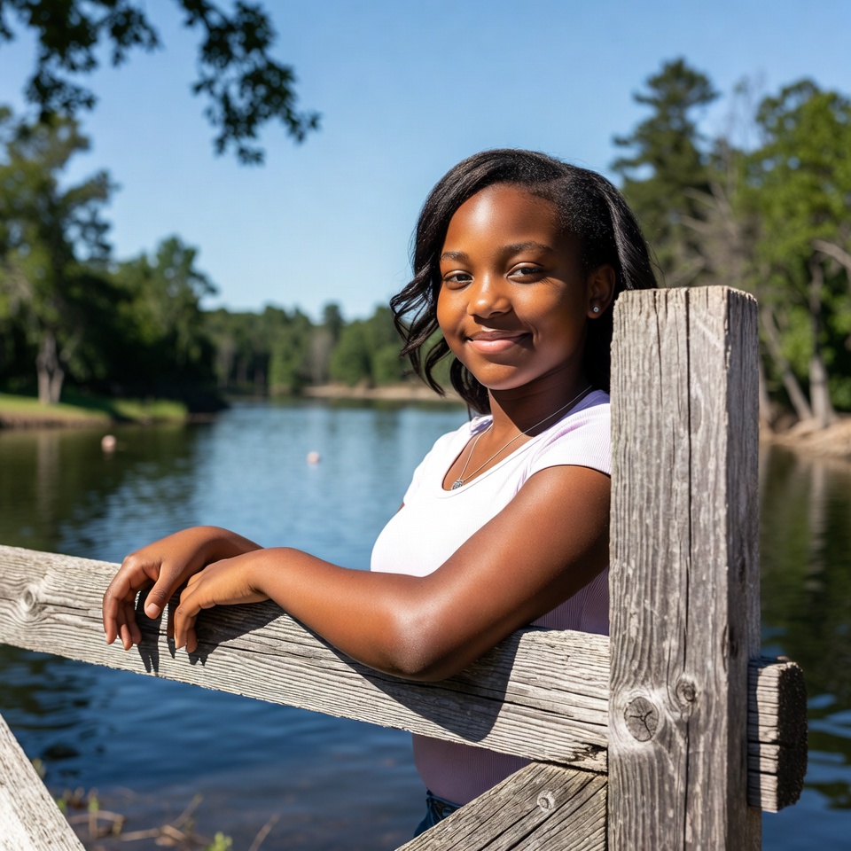 African-American girl leaning on wooden fence by lake African-American girl leaning on wooden fence by lake