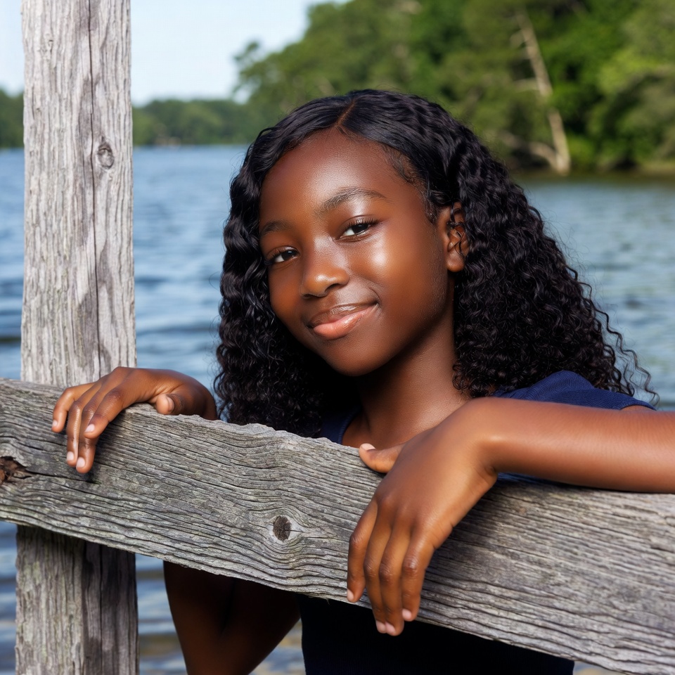 African-American girl leaning on wooden dock African-American girl leaning on wooden dock