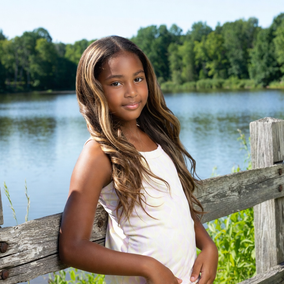Young Black girl leaning on wooden fence by lake Young Black girl leaning on wooden fence by lake