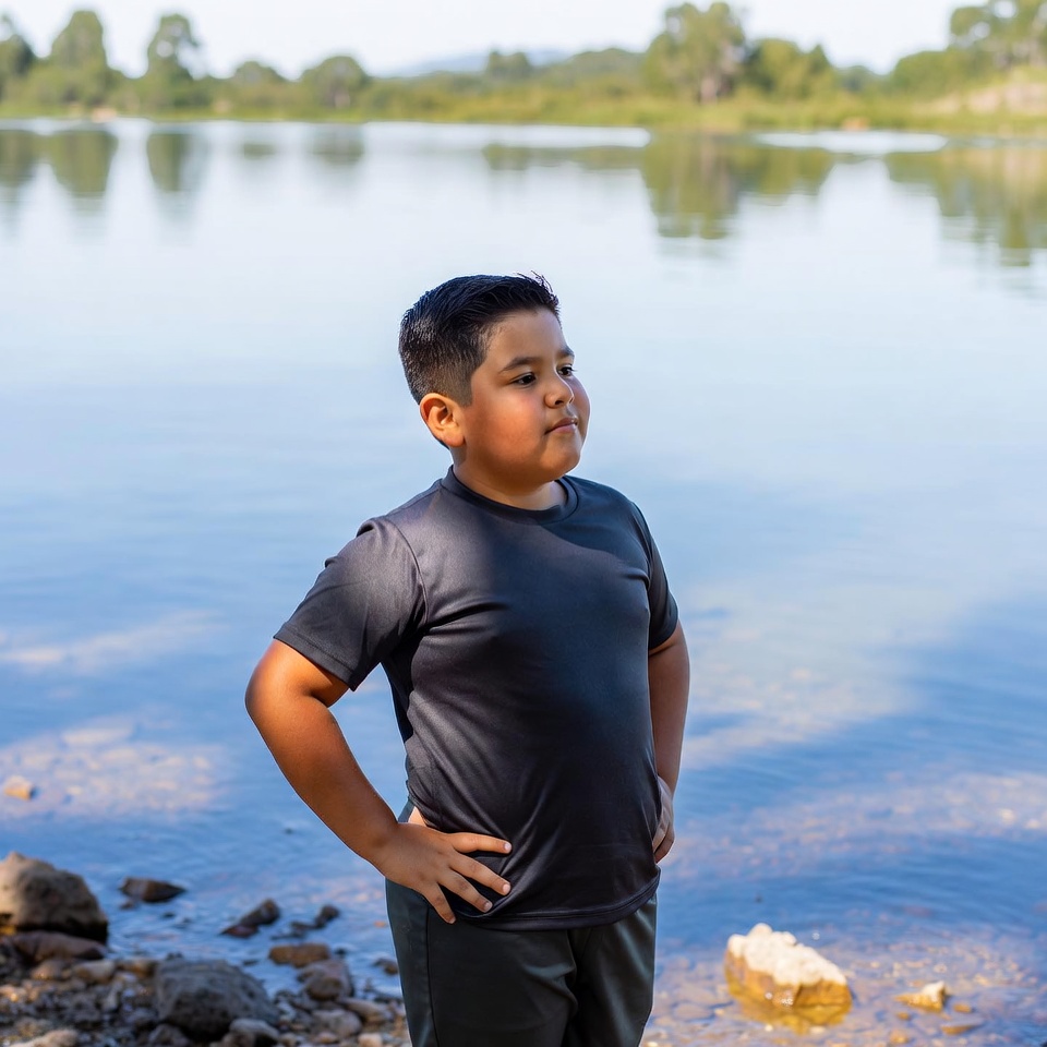 Latino boy standing by lake Latino boy standing by lake