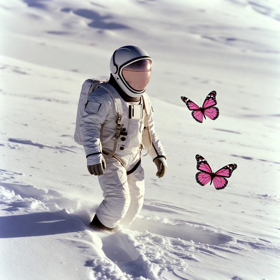 Astronaut with butterflies on snowy landscape Astronaut with butterflies on snowy landscape