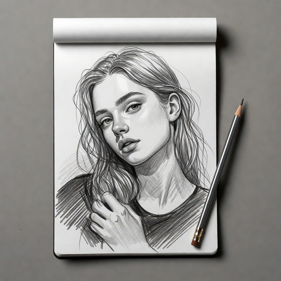 Pencil sketch of young woman on sketchpad Pencil sketch of young woman on sketchpad