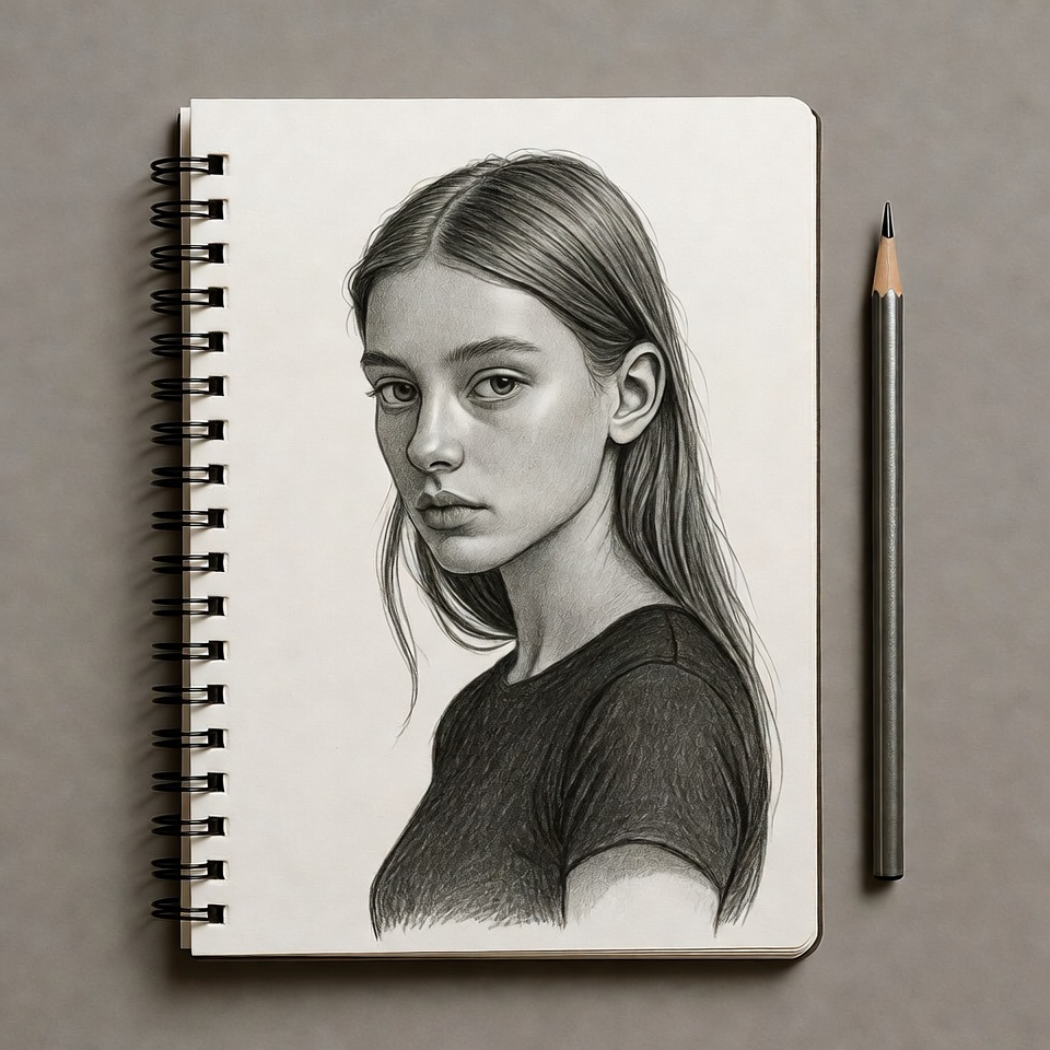 Pencil sketch of young woman in sketchbook Pencil sketch of young woman in sketchbook