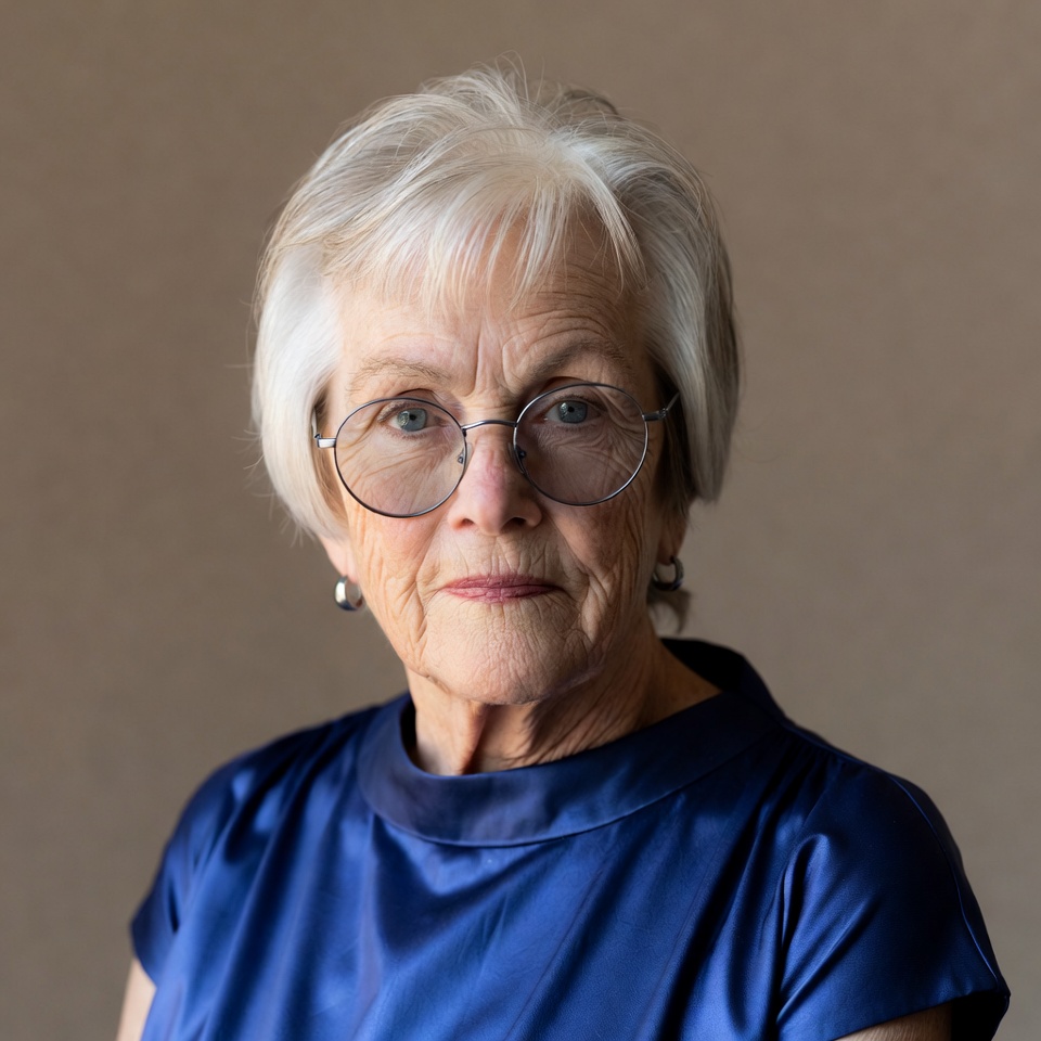 Elderly woman in blue top with glasses Elderly woman in blue top with glasses
