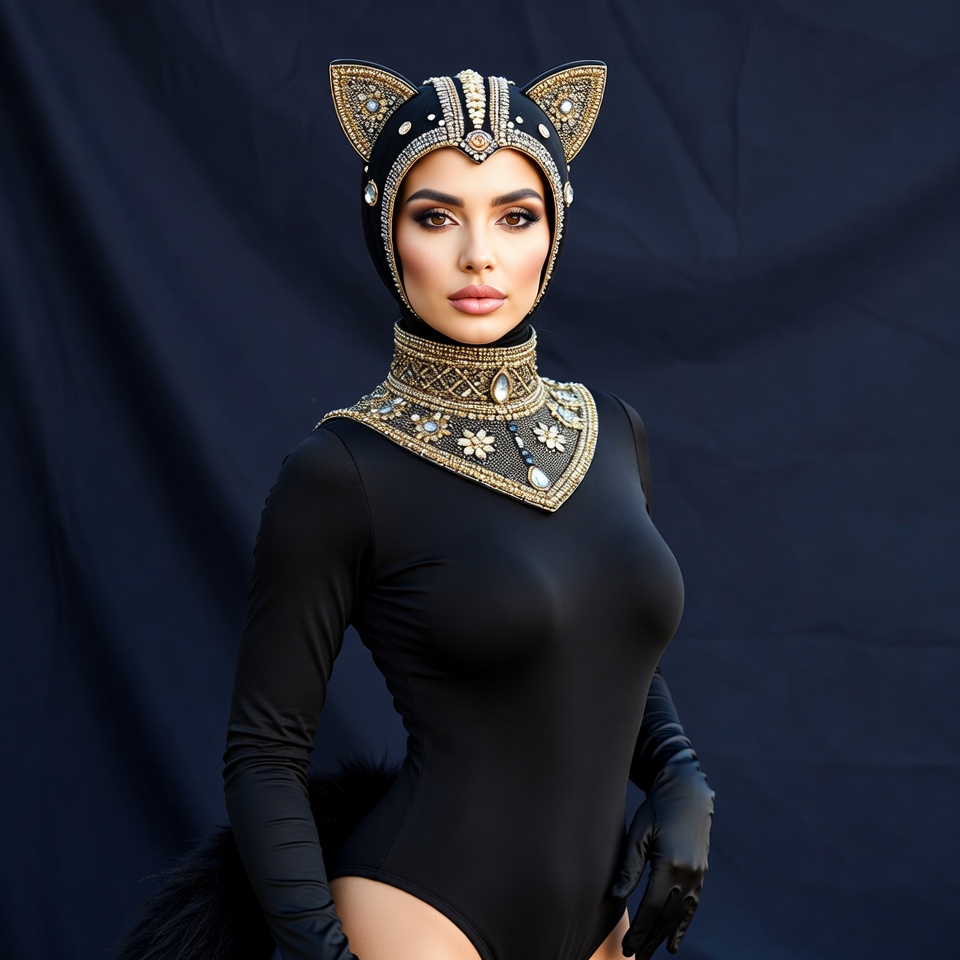 Woman in cat ears headdress and black bodysuit Woman in cat ears headdress and black bodysuit