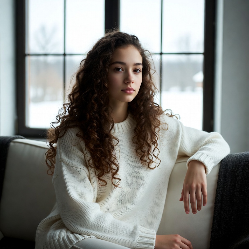 Young woman with curly hair by snowy window Young woman with curly hair by snowy window