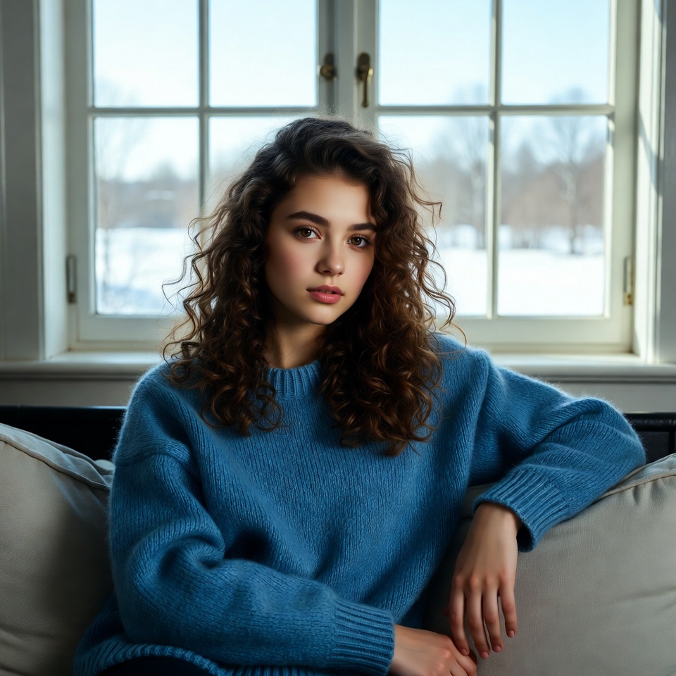 Young woman in blue sweater by window Young woman in blue sweater by window