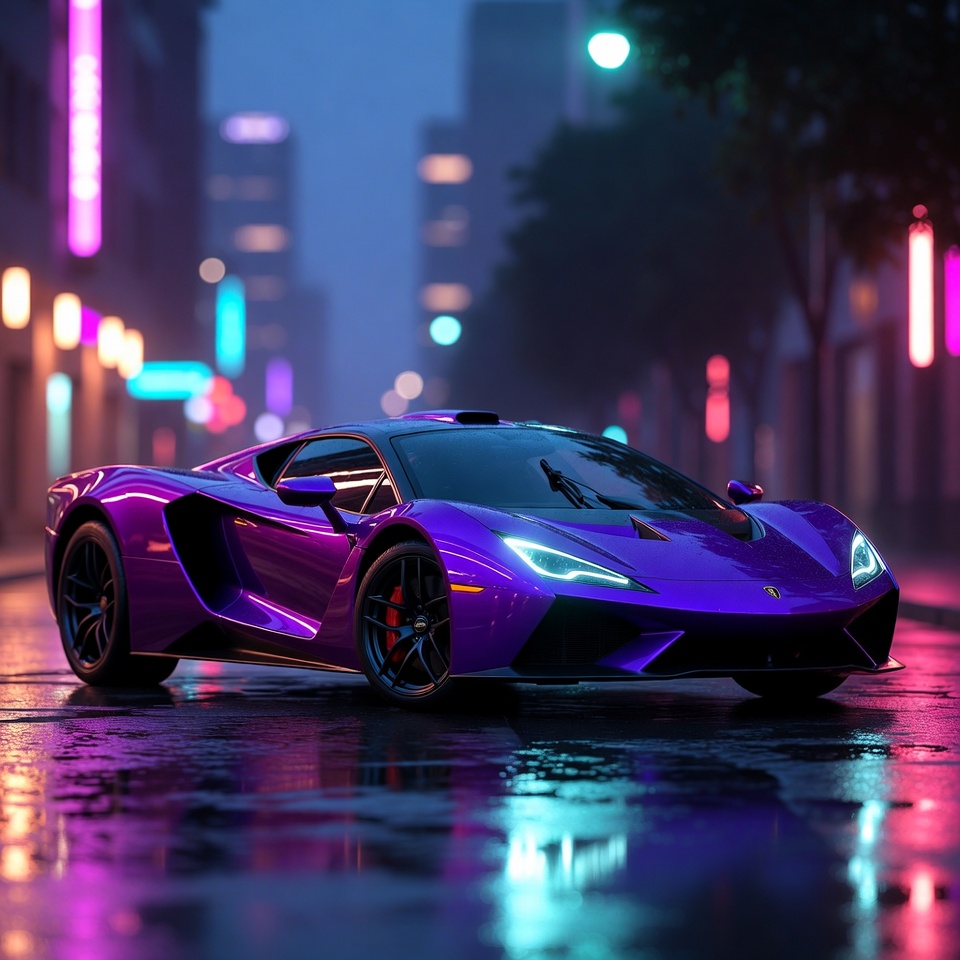 Purple Supercar on Neon Night Street Purple Supercar on Neon Night Street