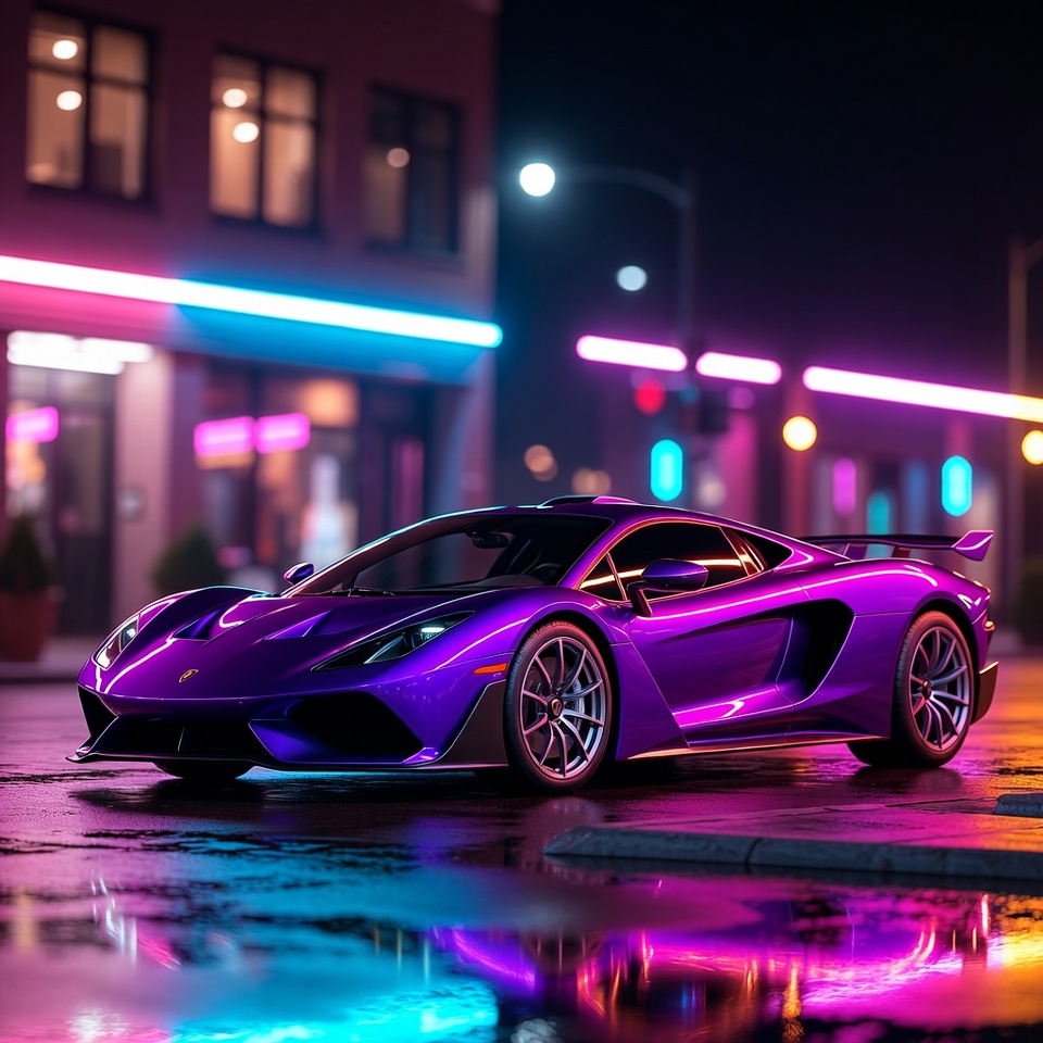 Purple Lamborghini in Neon City Night Purple Lamborghini in Neon City Night