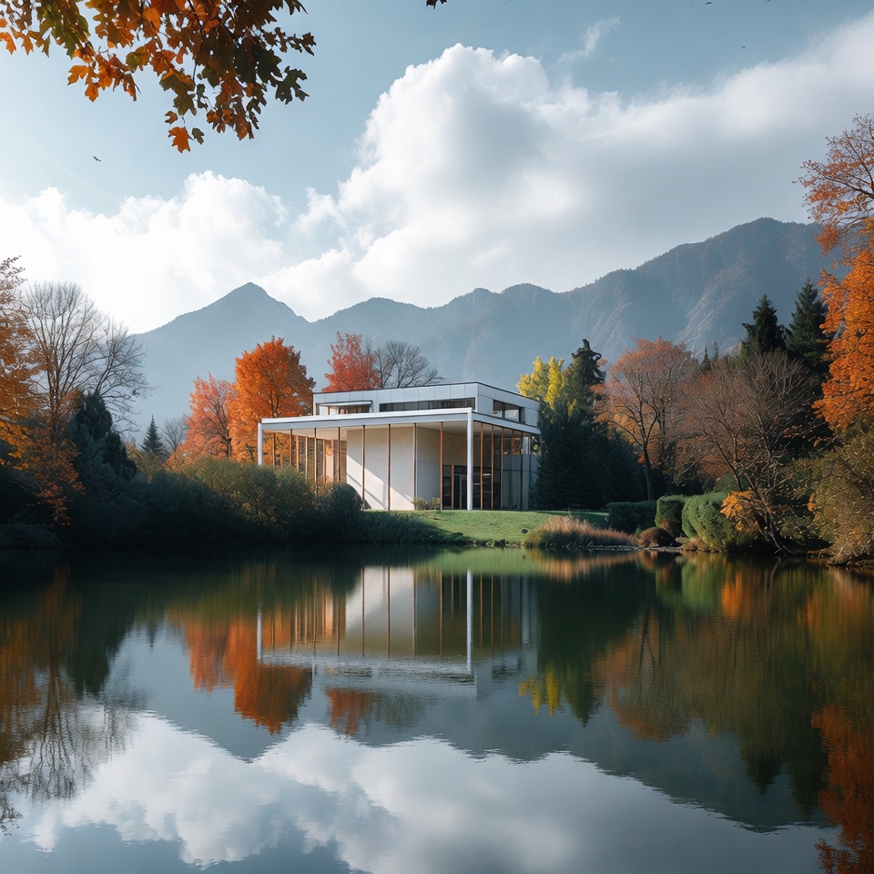 Modern White House by Lake with Autumn Mountains Modern White House by Lake with Autumn Mountains