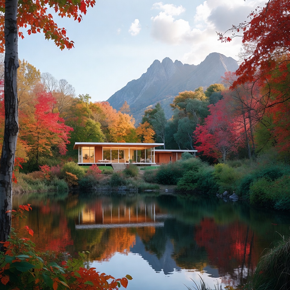 Modern House by Autumn Lake and Mountains Modern House by Autumn Lake and Mountains