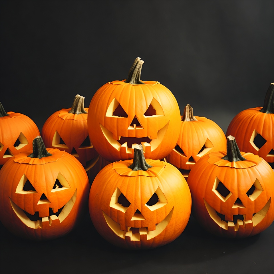 Jack-o'-lantern pumpkins on black background Jack-o'-lantern pumpkins on black background