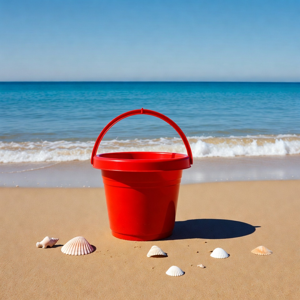 Red beach pail with seashells Red beach pail with seashells