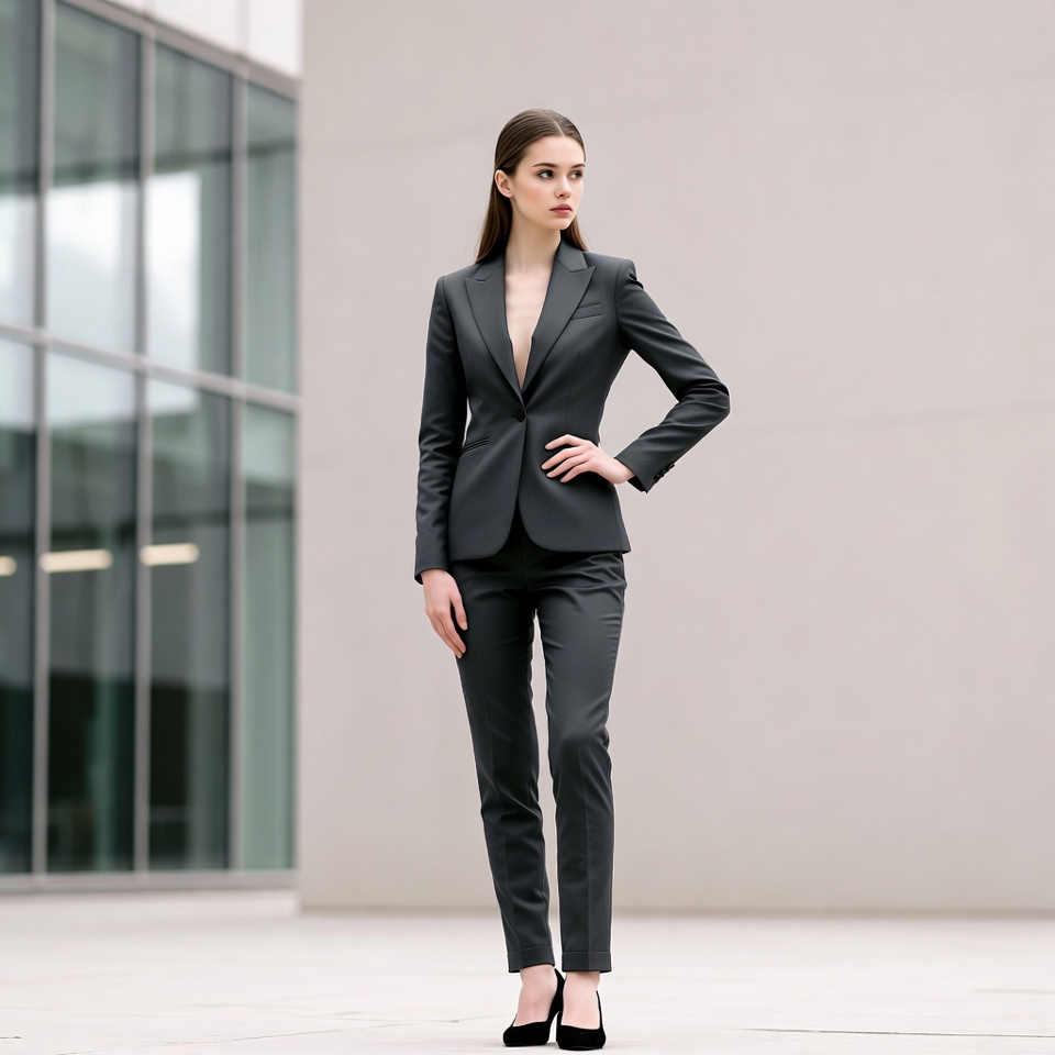 Woman in gray suit by glass building Woman in gray suit by glass building