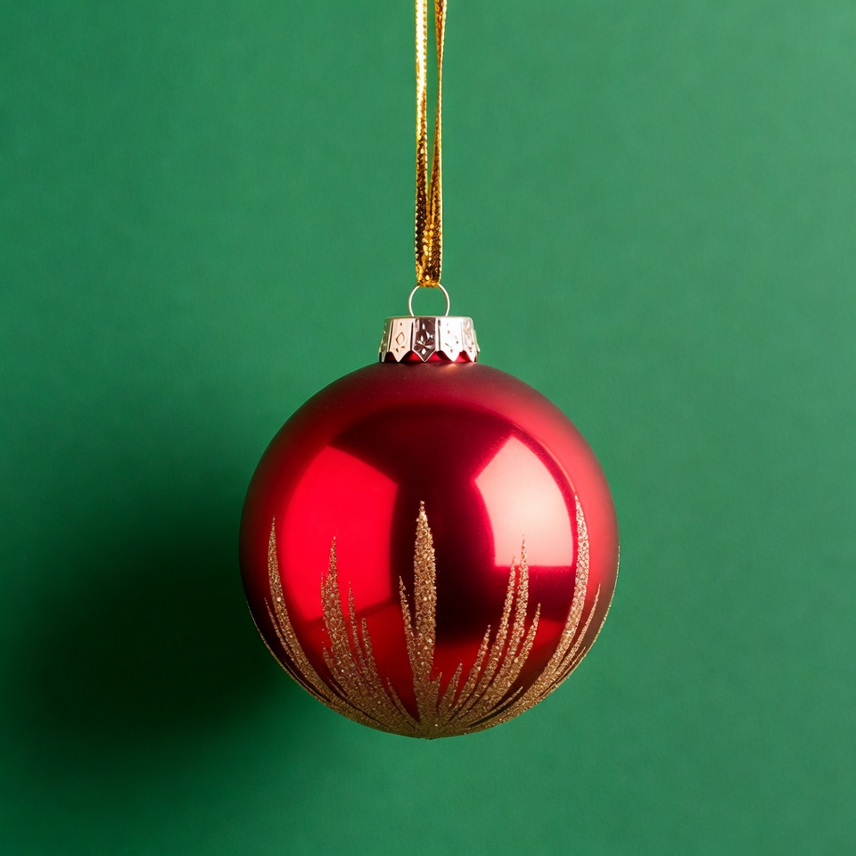 Red Christmas ornament on green background Red Christmas ornament on green background