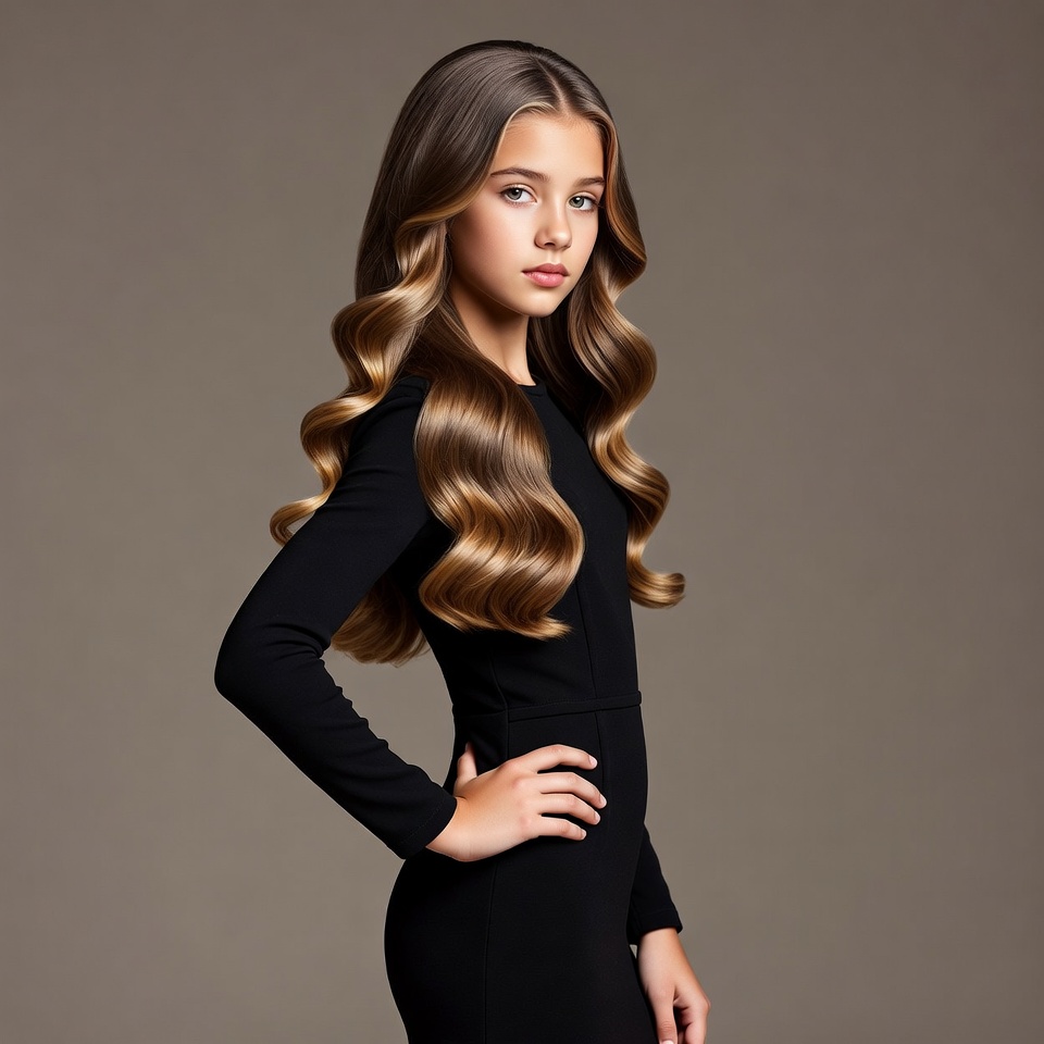 Teen girl in black dress with long wavy hair Teen girl in black dress with long wavy hair