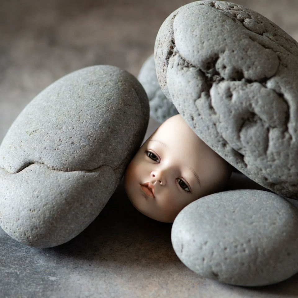 Ball-jointed doll head among gray rocks Ball-jointed doll head among gray rocks