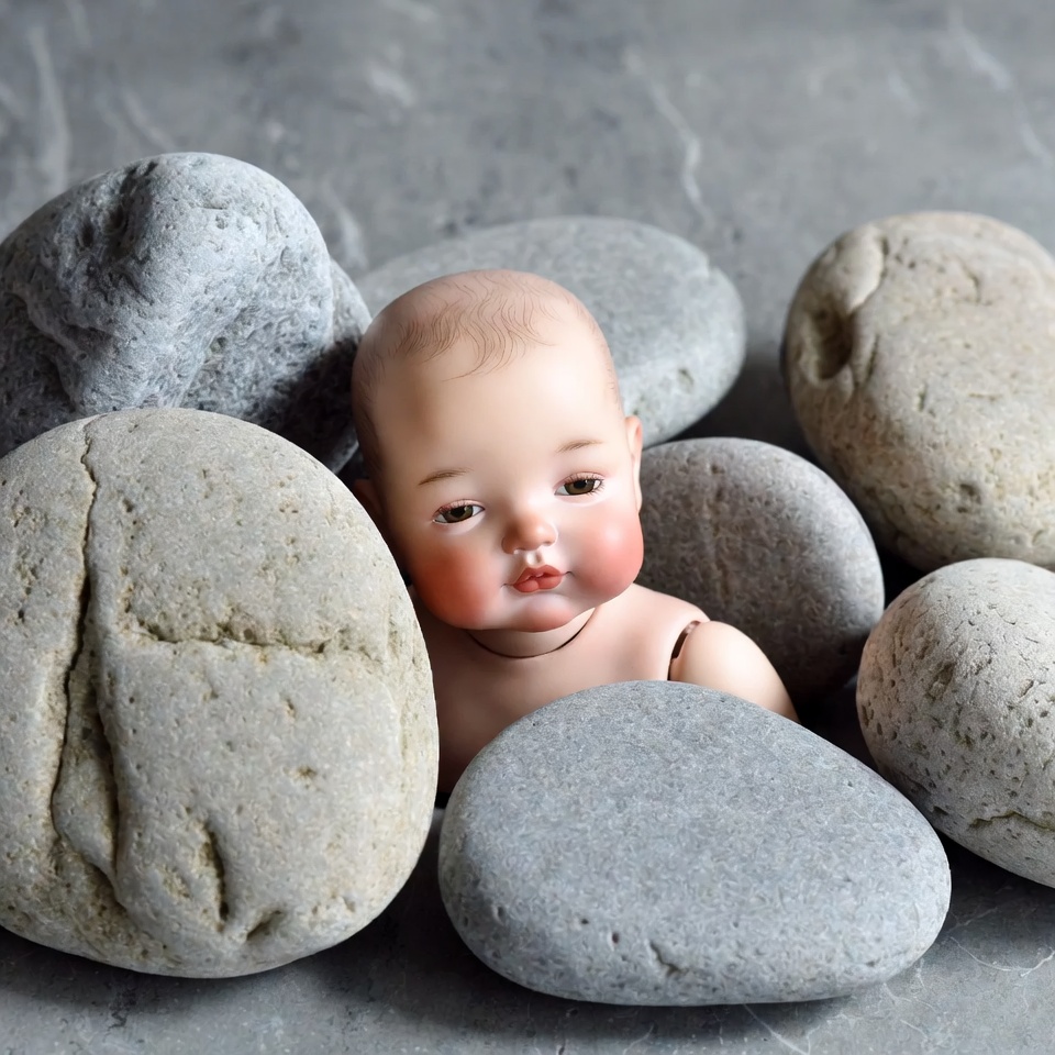 Baby doll surrounded by gray rocks Baby doll surrounded by gray rocks