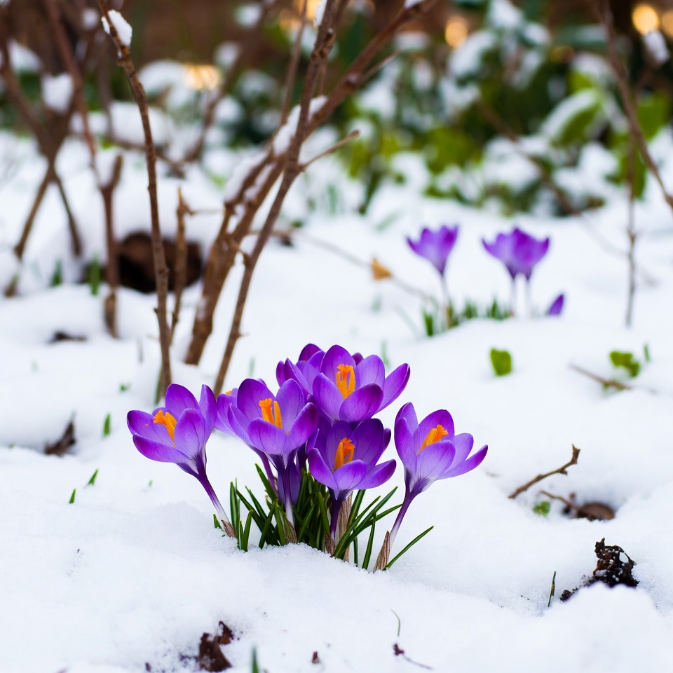 Purple crocuses blooming in snow Purple crocuses blooming in snow