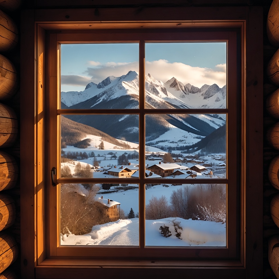 Mountain View Through Wooden Window Mountain View Through Wooden Window