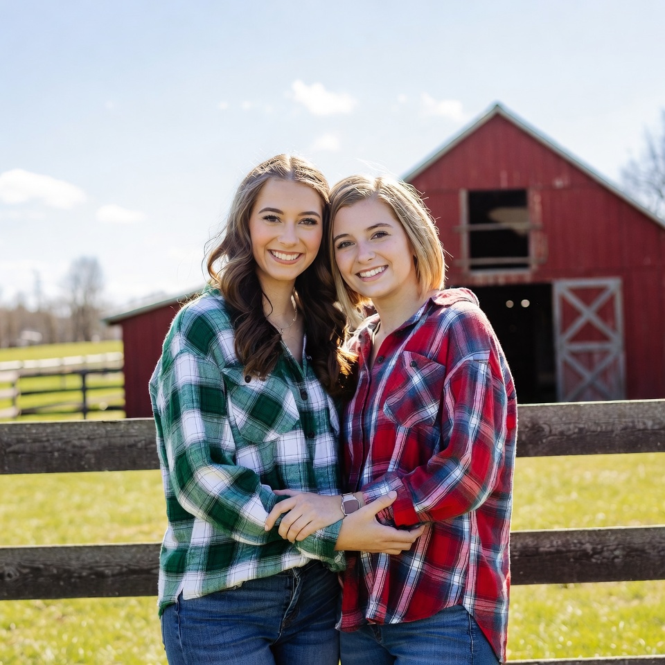 Two smiling girls by red barn Two smiling girls by red barn